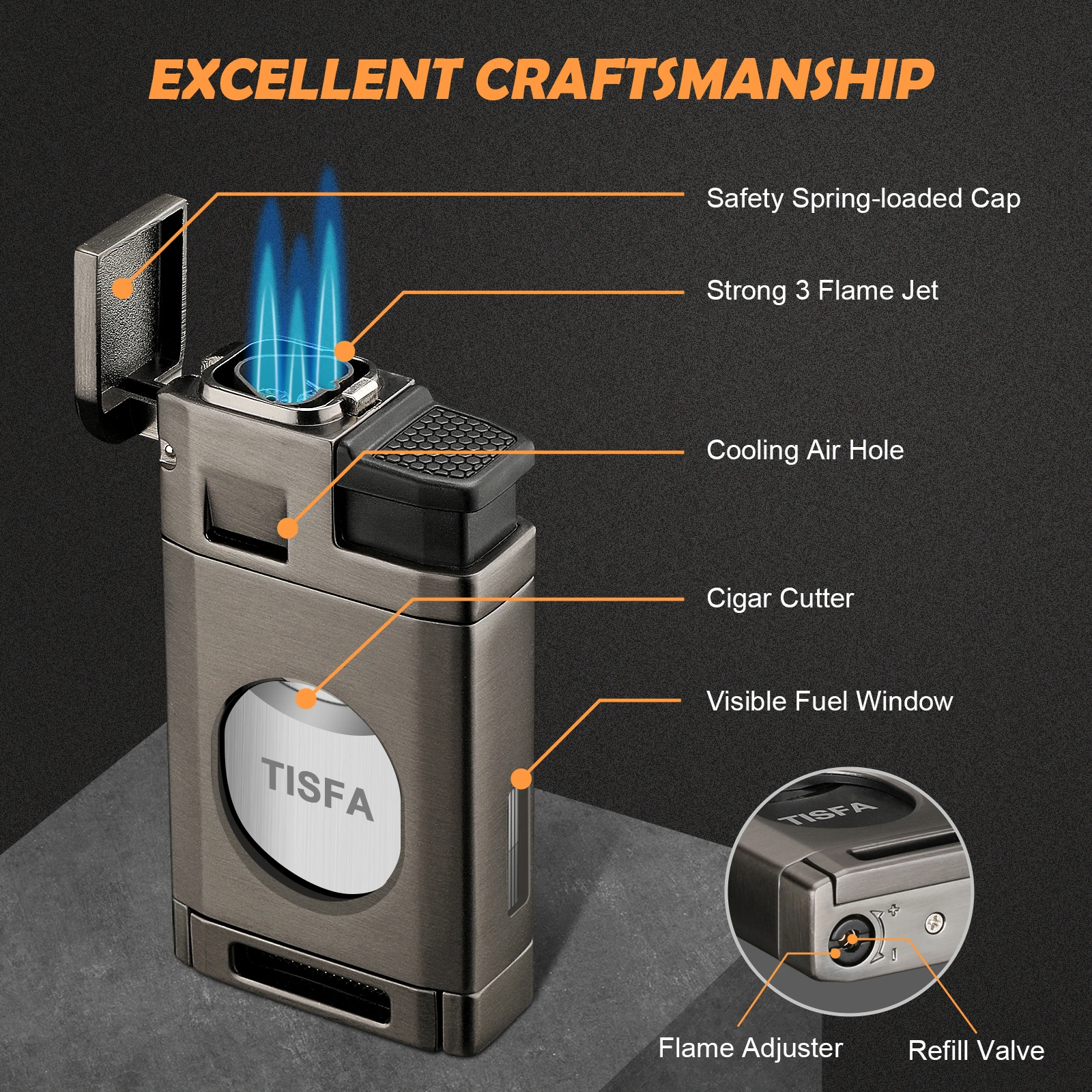 Cigar Torch Lighter with Built in Cigar Cutter,Triple Jet Flame Butane Lighter with Window,Refillable Butane Windproof Lighters