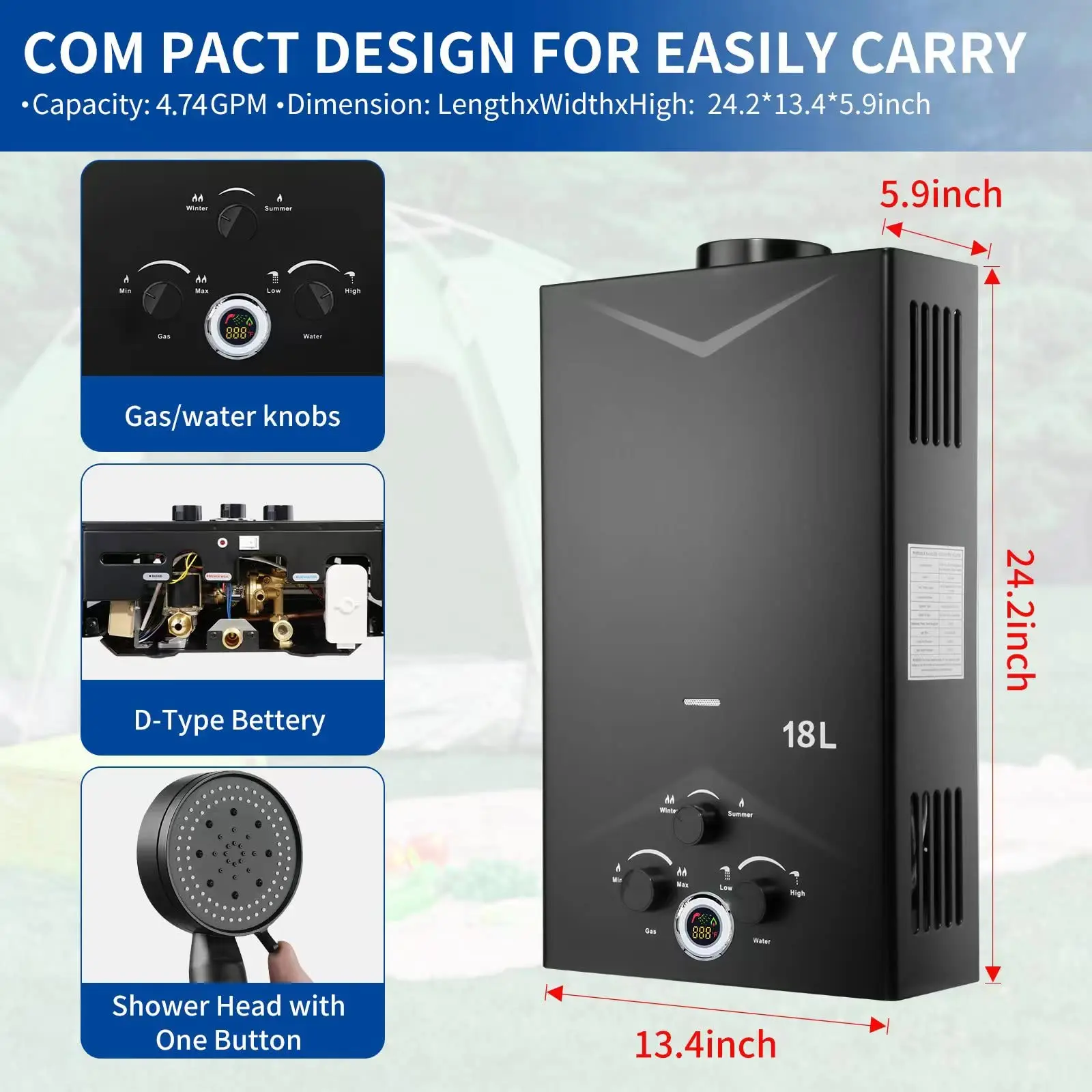 12L/16L/18L Tankless Water Heater Outdoor Portable Gas Hot Water Heater Instant Propane with Digital Display