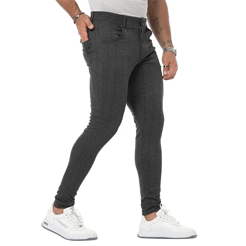 Men's Casual Pants Grey Slim Fit Cotton Check Side Stripe Ankle Pants beige cargo pants