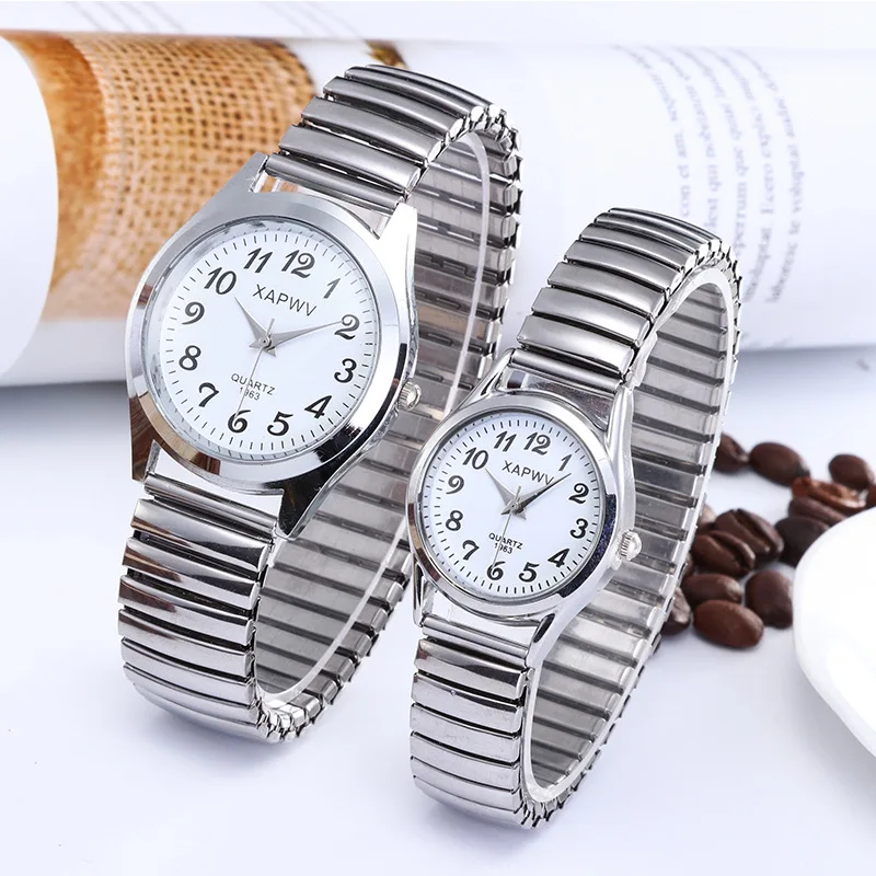 Man Women Couple Wrist Watches Stainless Steel Band Alloy Lovers Business Quartz Movement Wristwatch Elastic Strap Band Watch 6