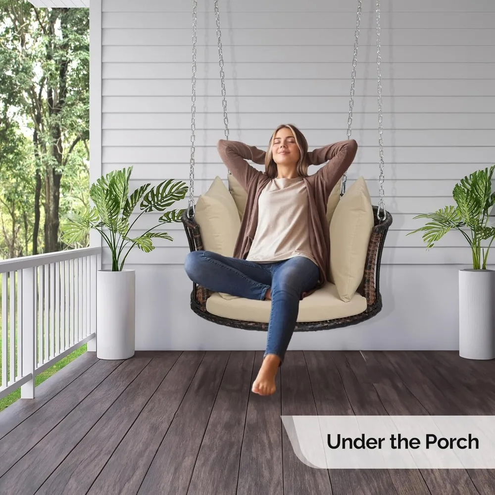 2.4 FT 1-Person Use Round Rattan Porch Swing Outdoor Support 440 LBS with Cushions & Adjustable Chains, Patio Wicker Swing Benc 6
