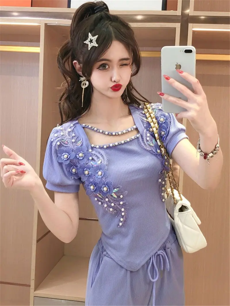 2024 Summer New Women's Fashion Style Water Diamond Nail Bead Sequins 3D Flower Top Wide Leg Pants Long Pants Two Piece Set