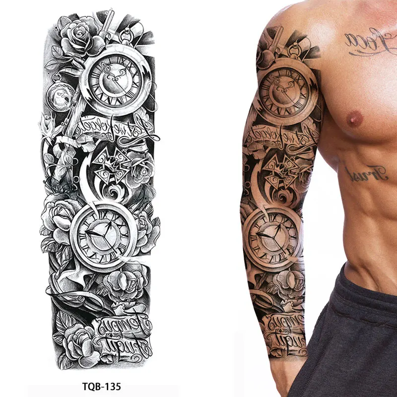 Waterproof Temporary Tattoo Stickers Clock Eye Large Arm Tattoo for Men Women Tiger Animal Fake Tatoo Sleeve 2