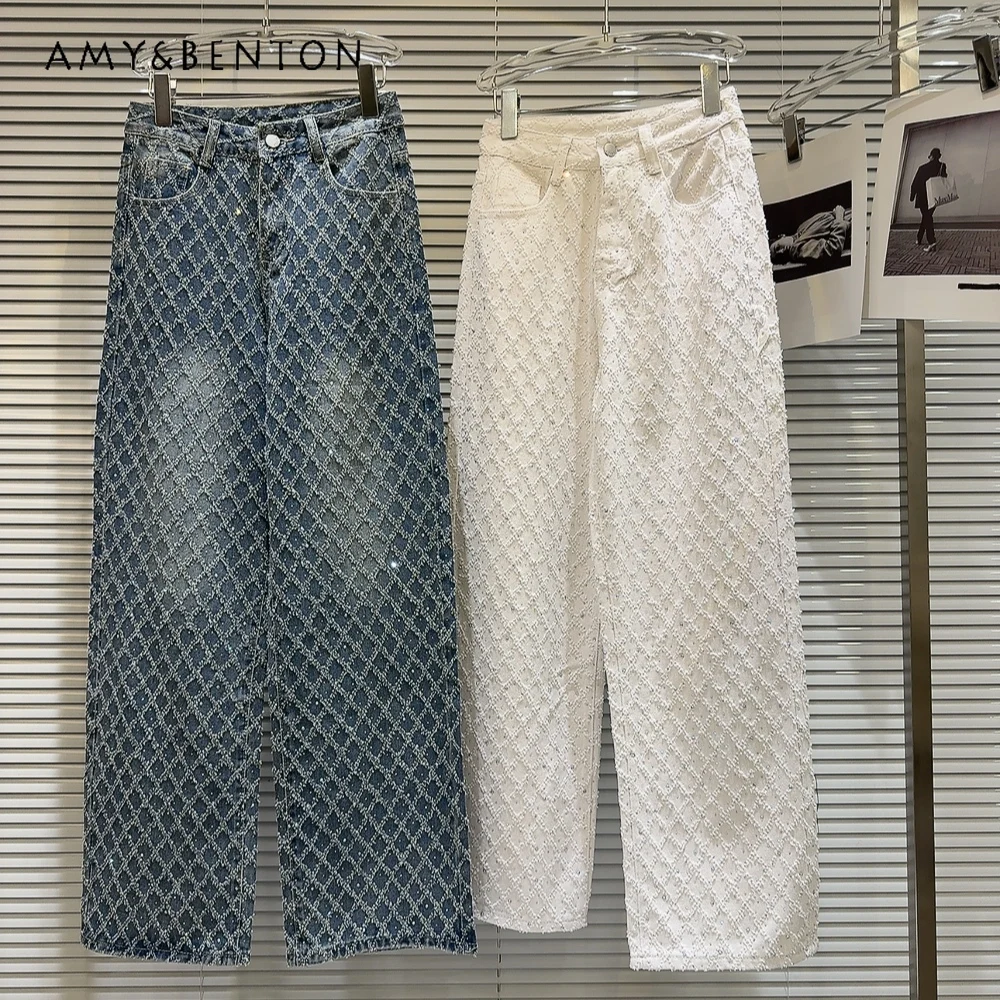 spring-new-street-fashion-rhinestone-plaid-jacquard-slim-wide-leg-pants-women-retro-hot-girl-baggy-distressed-high-waisted-jeans