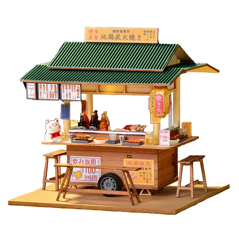 

Деревянный Японский магазин Yatai Yakitori DIY, миниатюрные строительные комплекты, сборная книжная полка, украшение для дома, подарки на день рождения друзей