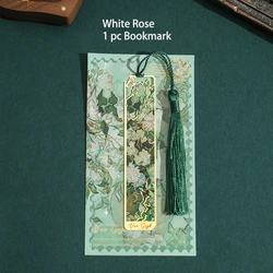 Retro Floral Painting Metal Bookmark with Tassel - Elegant Accessory (White Rose)