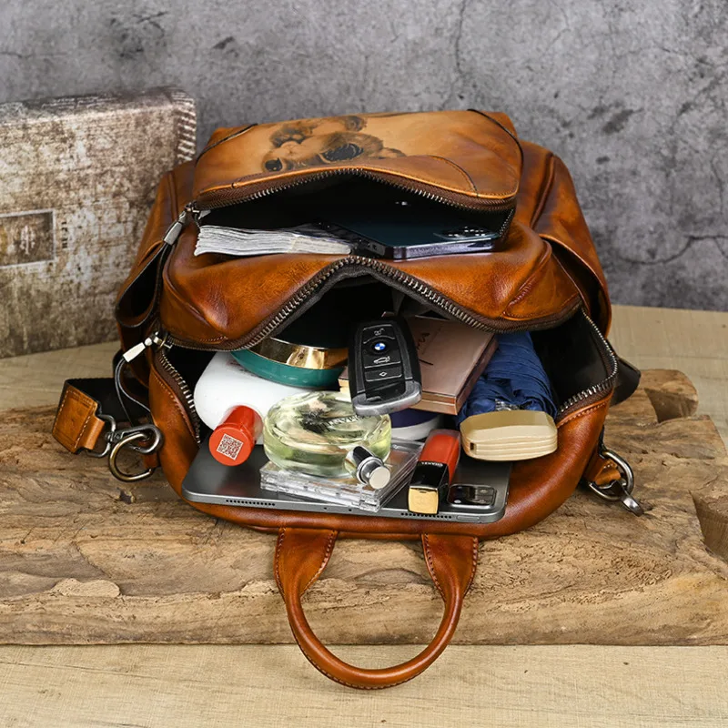 MOTAORA New Cowhide Large Capacity Backpack For Women's Retro Genuine Leather Handbag Animal Print Travel Schoolbag Shoulder Bag