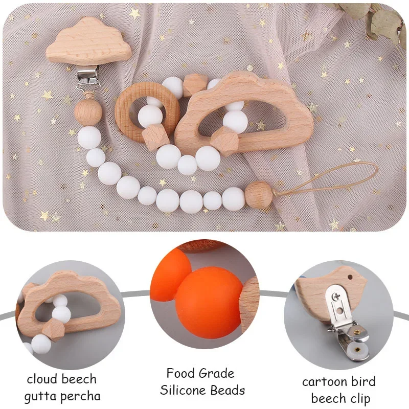 Baby Pacifier Clip Wooden Teethers Bracelet Set Silicone Beads Infants Teething Toy Anti-lost Chain Cartoon Star Cloud Cat pacifier clip