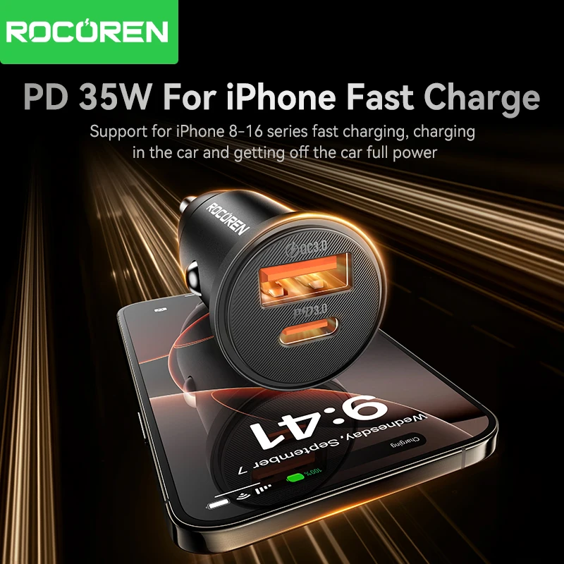 Rocoren Mini PD35W USB Car Charger Quick Charge 3.0 USB Type C car Mobile Phone Charger Adapter for iPhone 16 15 Samsung Xiaomi