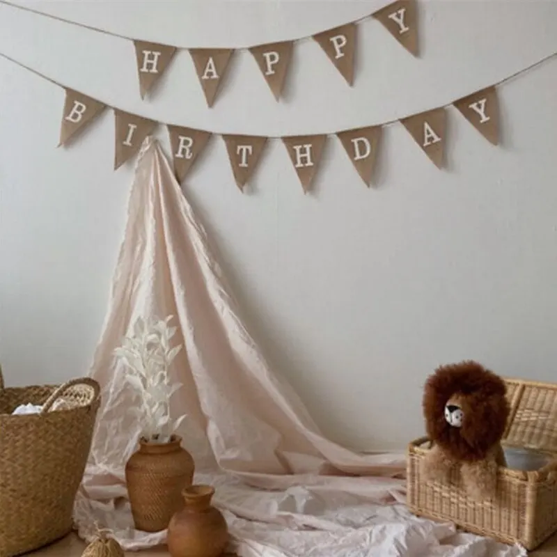 Birthday Banner Party Decorations 13 Flags Vintage Jute Hessian Burlap Banner Happy Birthday Party Photography Props