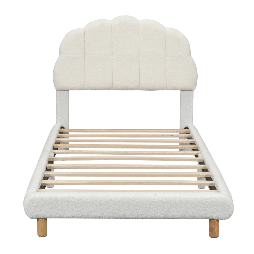 90x200cm White Flat Baby Cot Plush Upholstered Toddler Bed with Cute Headboard Kids Single Bed Frame