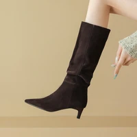2025 New Trend Natural Cow Suede Women Shoes Autumn Winter Slip-On Boots Burgundy High Chunky Heels Pointed Toe Knee High Boots - Image 4