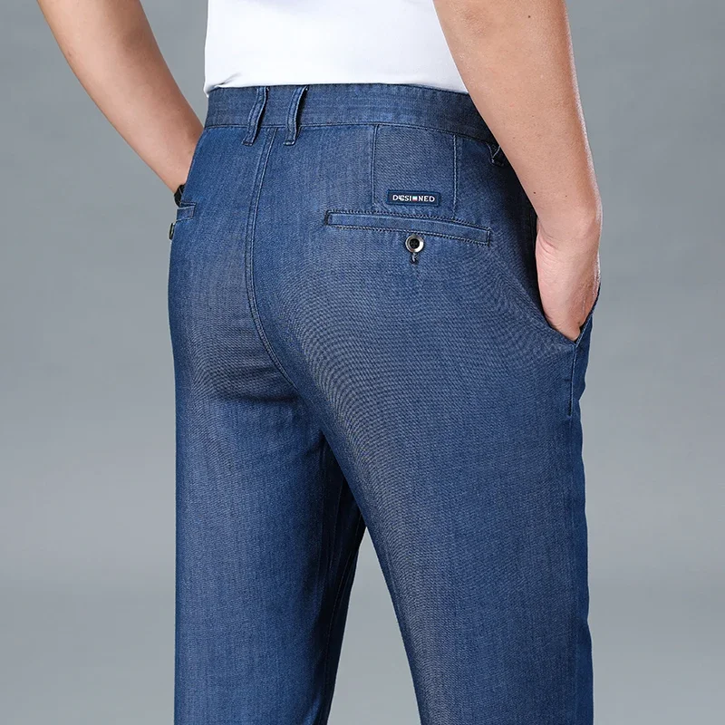 New Spring 2024 Men's Light Blue Stretch Straight Jeans Business Casual Denim Pants Modal Fabric Trousers Male Brand