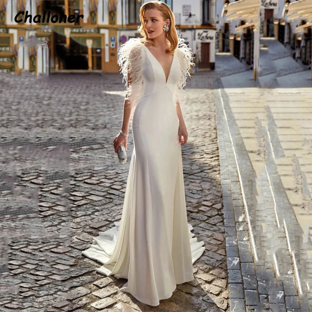 

Challoner Modern A-line Wedding Dress Sexy V-Neck Lace Appliques Feather Sleeveless Bridal Gown Vestidos De Noiva Court Train