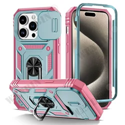 Heavy Duty iPhone Case with 360° Camera Protection and Kickstand for iPhone 13 Mini 12 Mini (GreenPink)