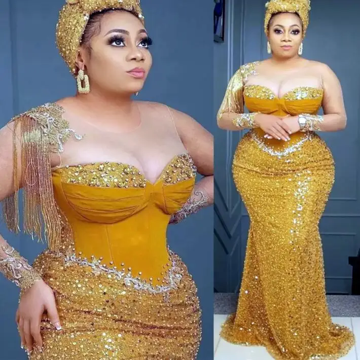 

Plus Size Arabic Aso Ebi Mermaid Sparkly Prom Dresses bright gold Beaded Crystals Evening Second Reception Engagement gown