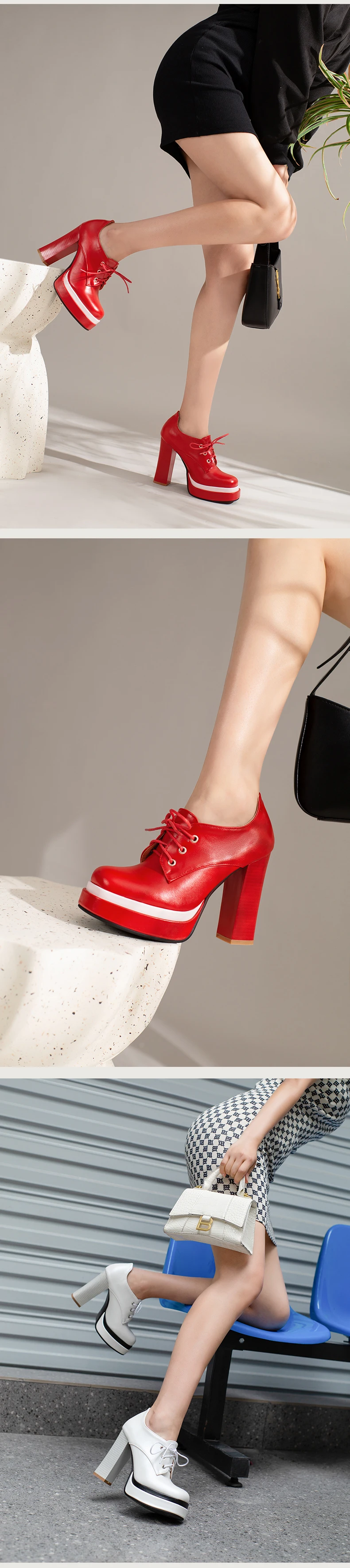 Ultra-High Thick-Heeled Lace-Up Breathable Color-Blocking Pumps Candy-Colored Cross-Laced Double-Layer Platform High Heels