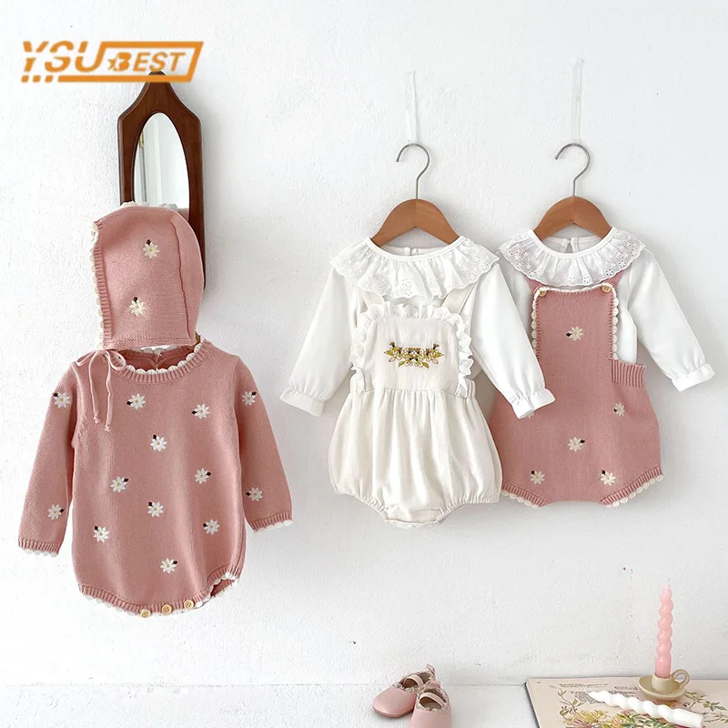 Infant Baby Girls Romper Long Sleeve Sweet Flower Embroidery Knit - Main Image