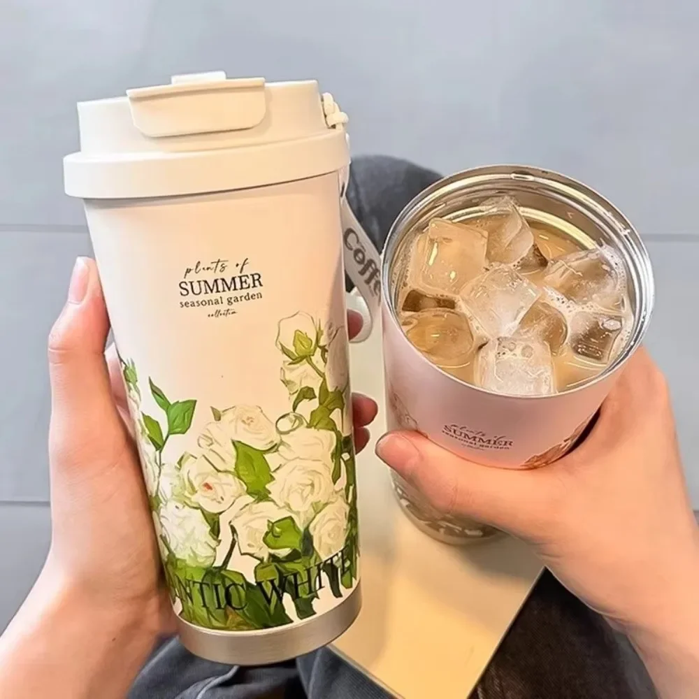 Large Capacity 500ml Portable Insulated Stainless Steel Coffee Mug with Lanyard