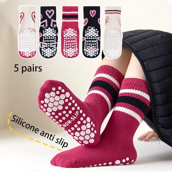 5 pairs of girls', medium, and large children's heart-shaped striped pattern floor socks, mid tube socks, anti slip, wear-resist 1