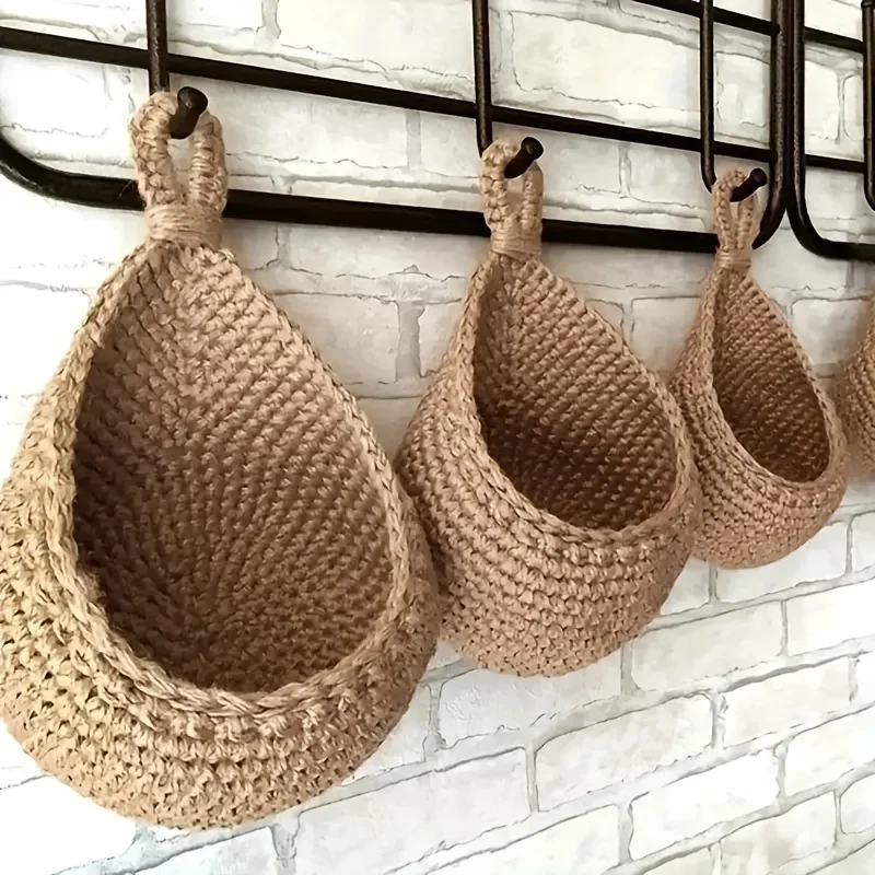 3-Pack Hanging Teardrop Kitchen Storage Baskets – Hand-Woven Wall-Mount Fruit & Vegetable Holder 4