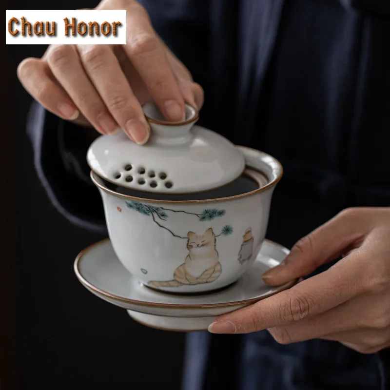 150ml Boutique Ru Kiln Art Porcelain Tea Tureen Ice Cracked Glaze Gaiwan Chinese Tea Brewing Filter Cover Bowl Kung Fu Tea Set