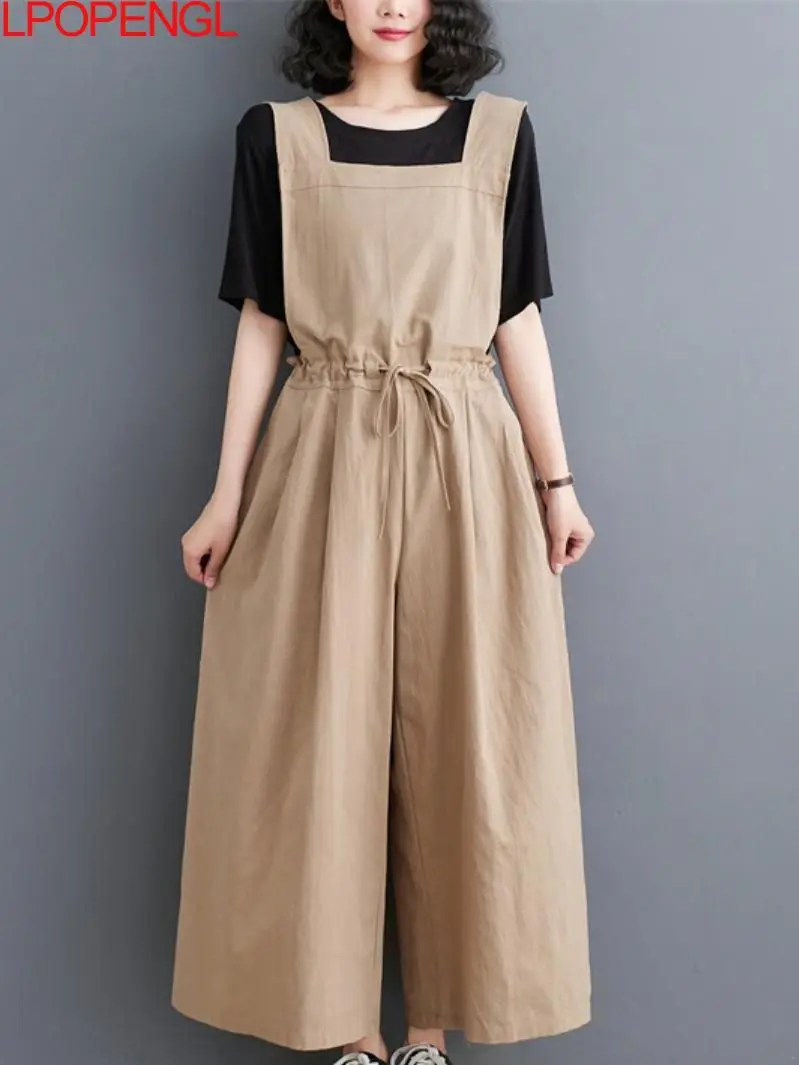 

Fashion Solid Color Overalls Women's Summer Literary Cotton And Linen Loose Casual Wide-leg Pants Korean High Street Jumpsuit