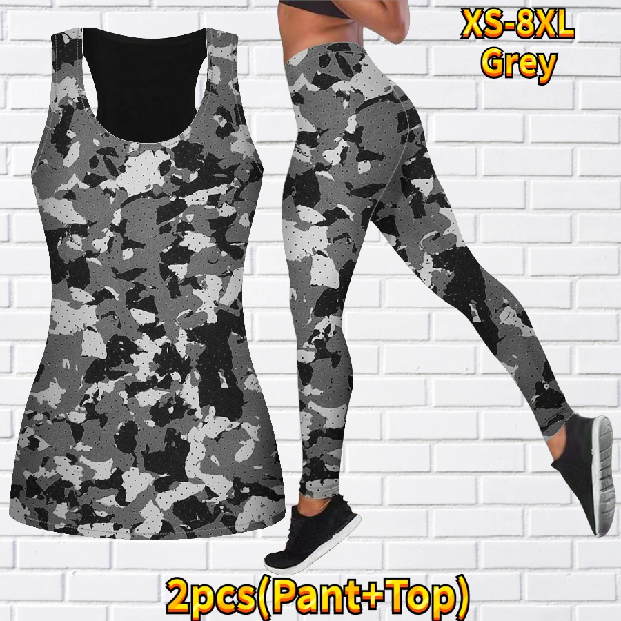 Women\'s Two-piece Yoga Set Sleeveless Casual Sports Vest Yoga Set 3D Camouflage Printed Sportswear Set XS-8XL
