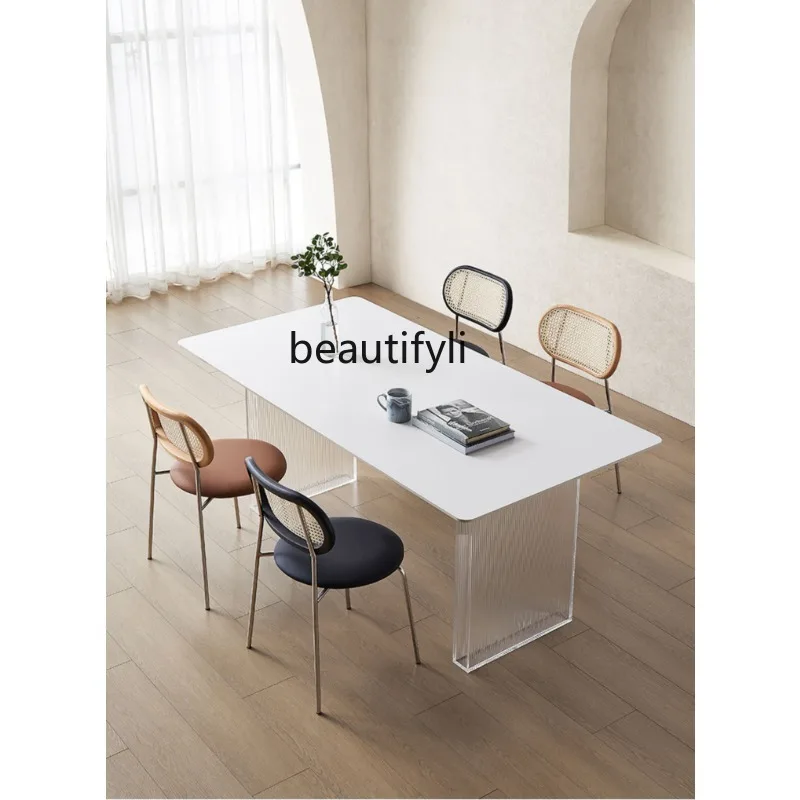 

Modern Minimalist Acrylic Stone Plate Dining Tables and Chairs Set Home Small Apartment Rectangular Table Living Room Furniture