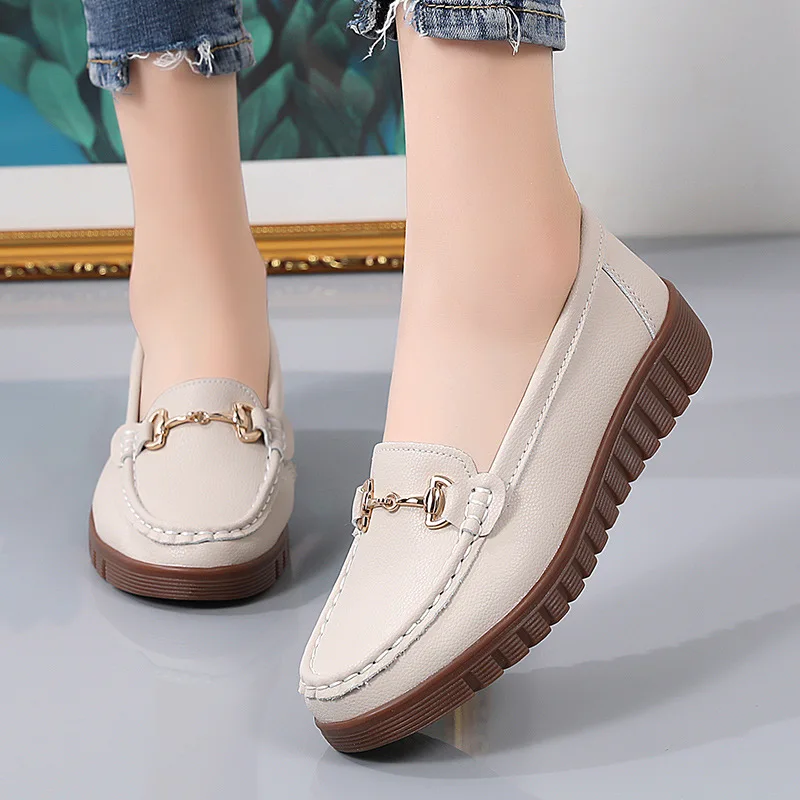 Women's Luxury Flat Shoes Ballet Dance Casual Shoes Leather Breathable Women's Boat White Flat high-quality