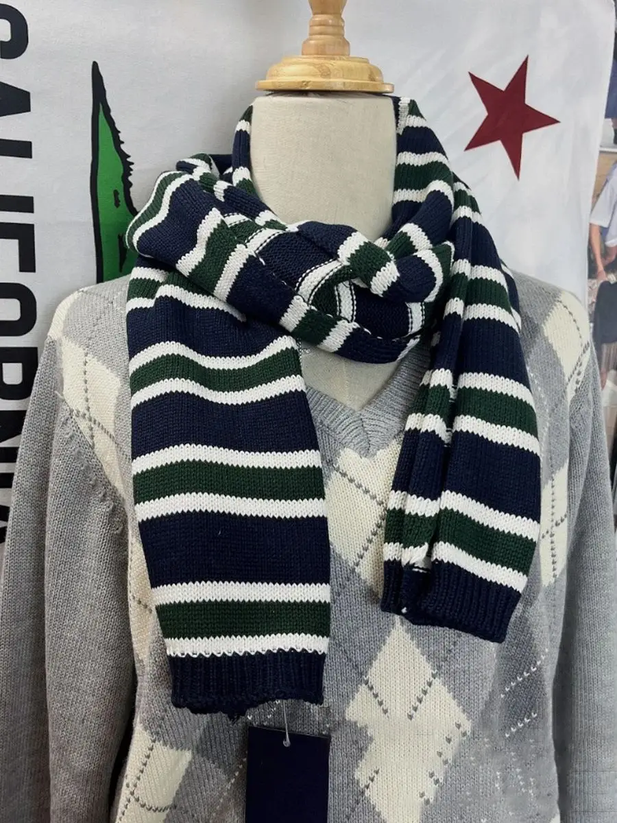 New Vintage Striped Knitted Scarf for Woman Winter Unisex Long Size Casual Fashion Sweet Preppy Style All-match Cotton Scarves