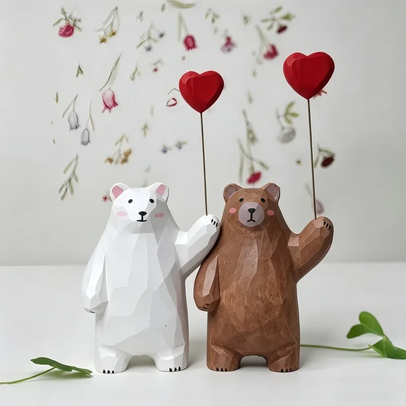 Handwork Wooden Carve Bear Figurine with Heart Crafts Desktop Ornament Office Room Home Decor for Friend Birthday Xmas Gifts 1