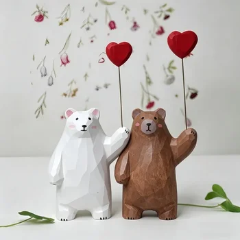 Handwork Wooden Carve Bear Figurine with Heart Crafts Desktop Ornament Office Room Home Decor for Friend Birthday Xmas Gifts 1