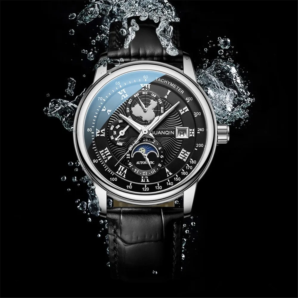 GUANQIN Reloj de pulsera mecánico de cuero luminoso con cristal de zafiro y fase lunar para hombre, relojes deportivos, reloj de pulsera automático multifunción_voghion.com