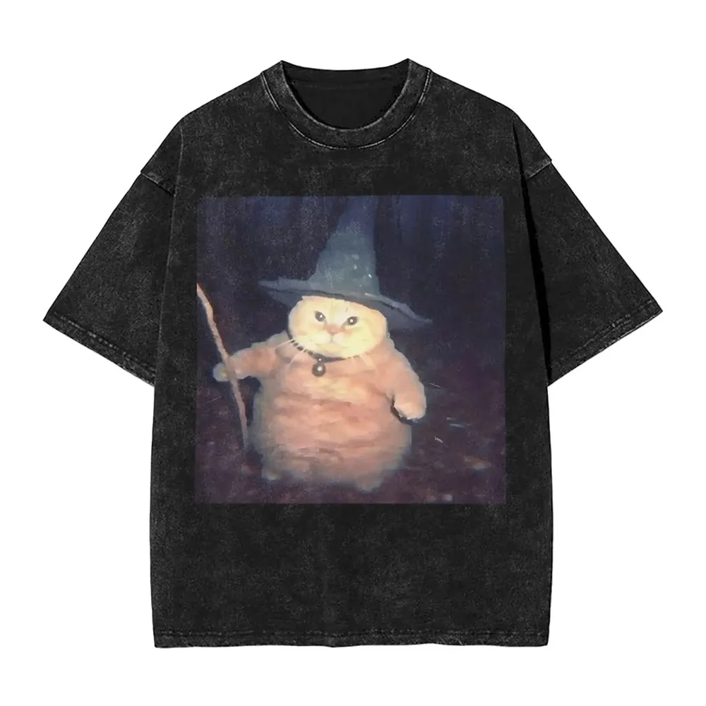 Vintage Washed Wizard Cat Meme T-Shirt Lustiges Retro-Grafik-T-Shirt Übergroßes Streetwear Harajuku Y2K Top für Männer Frauen Sommer T-Shirt