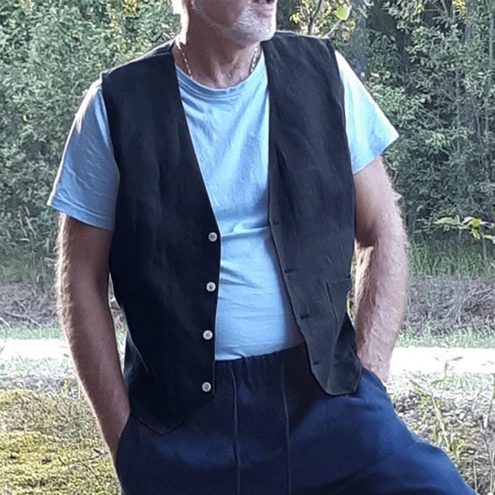 Casual Vest for Men Comfortable Linen Man Casual Fishing Sleeveless Vests Retro Waistcoat Male Summer Clothes Solid Color Design 5