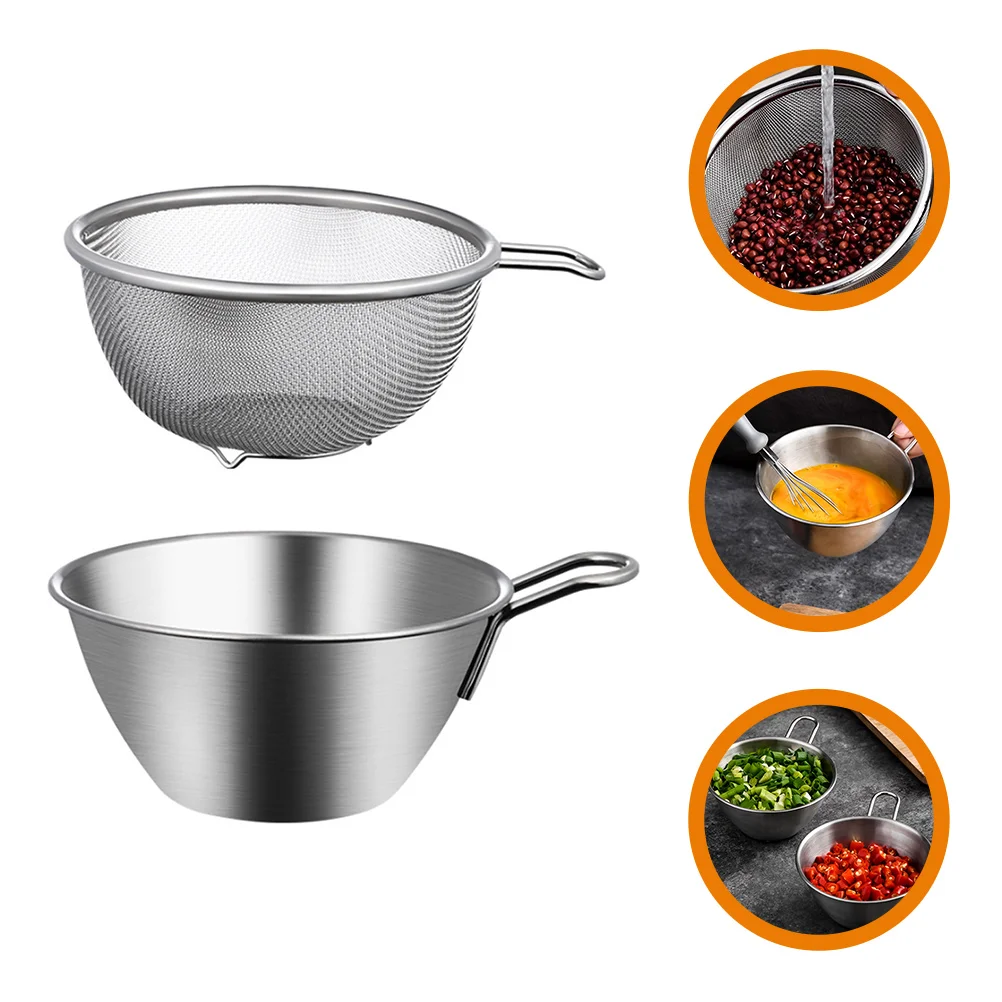 

Stainless Steel Egg with Handle Baking Whipped Cream Salad Basin Mixing Bowl Mesh Strainers For Kitchen Colander