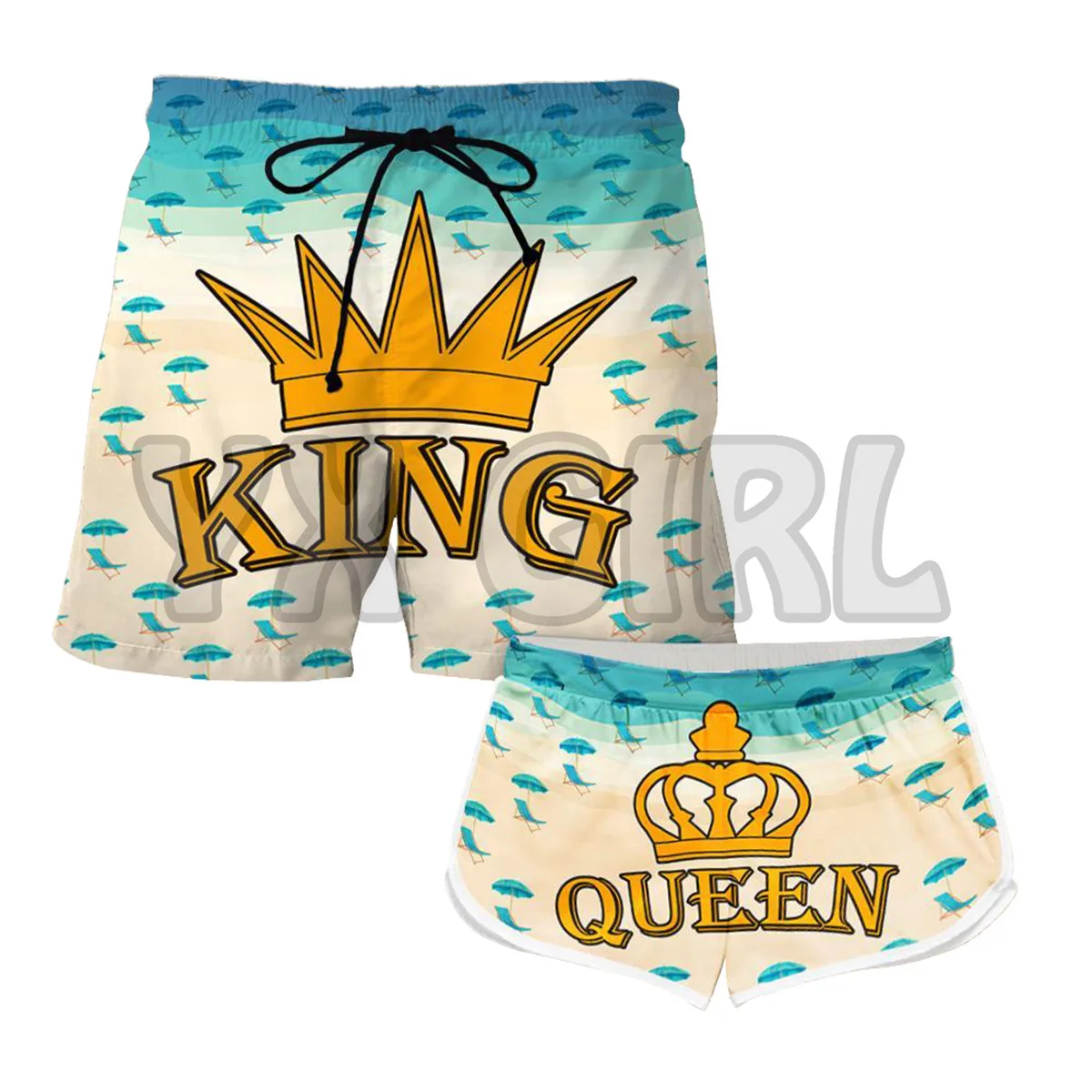 

King and Queen 3D All Over Printed Couple Matching Men's Women's Shorts Quick Drying Beach Shorts Summer Beach Swim Trunks
