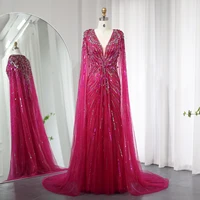 Luxury Dubai Sage Green Evening Dresses with Cape Fuchsia Crystal Gold Elegant Women Wedding Formal Party Gown 399 9