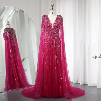 Luxury Dubai Sage Green Evening Dresses with Cape Fuchsia Crystal Gold Elegant Women Wedding Formal Party Gown 399 9