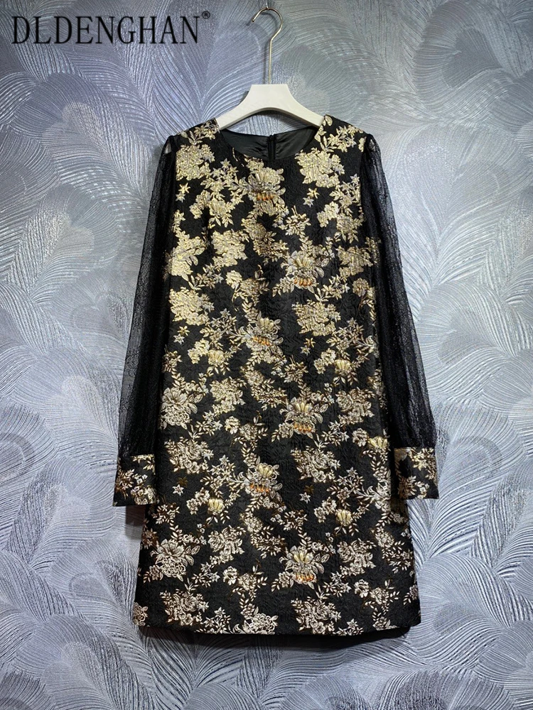 

DLDENGHAN Autumn Jacquard Dress Women O-Neck Lace Long Sleeve Crystal Beading Vintage Mini Dresses Fashion Designer New