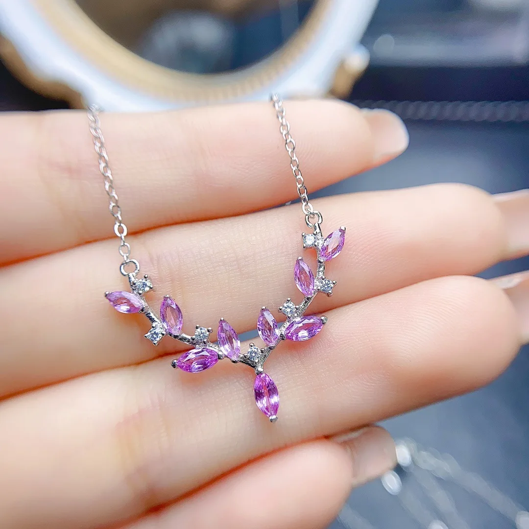 

FS S925 Sterling Silver Fine Luxury 2.5*5mm Natural Pink Sapphire Necklace Weddings Jewelry for Women With Certificate MeiBaPJ