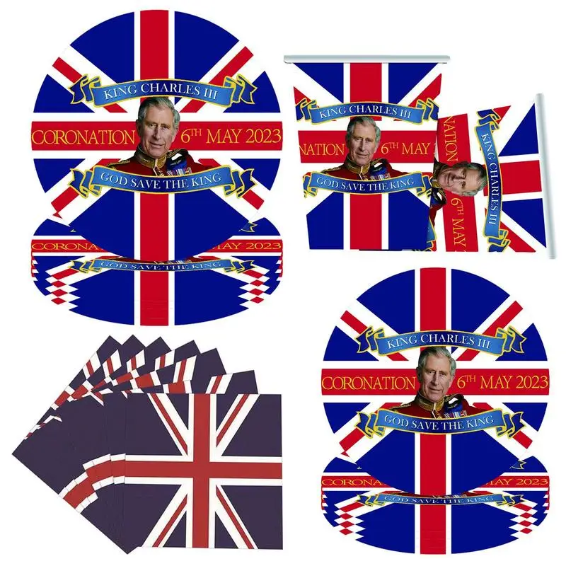 

King Charles Coronation Decorations UK Flag British Party Paper Tableware Plates Napkins Cups Union Jack Party 2024 Supplies