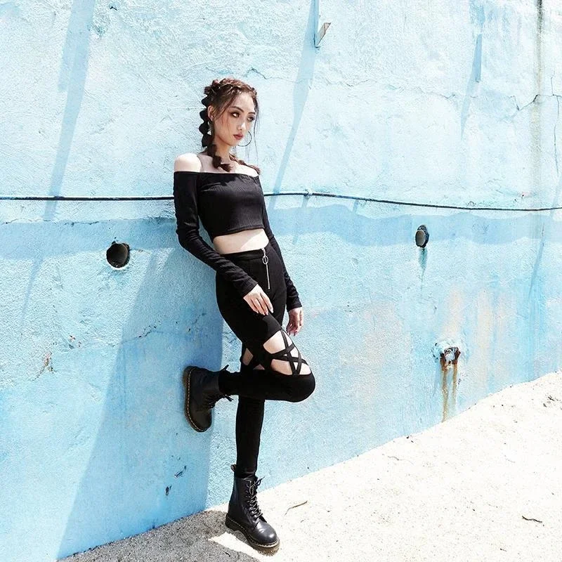 Hollow Out Pants Goth Sexy Pentagram Y2K Harajuku Grunge Black High Waist Elastic Trousers Punk Zipper Pants