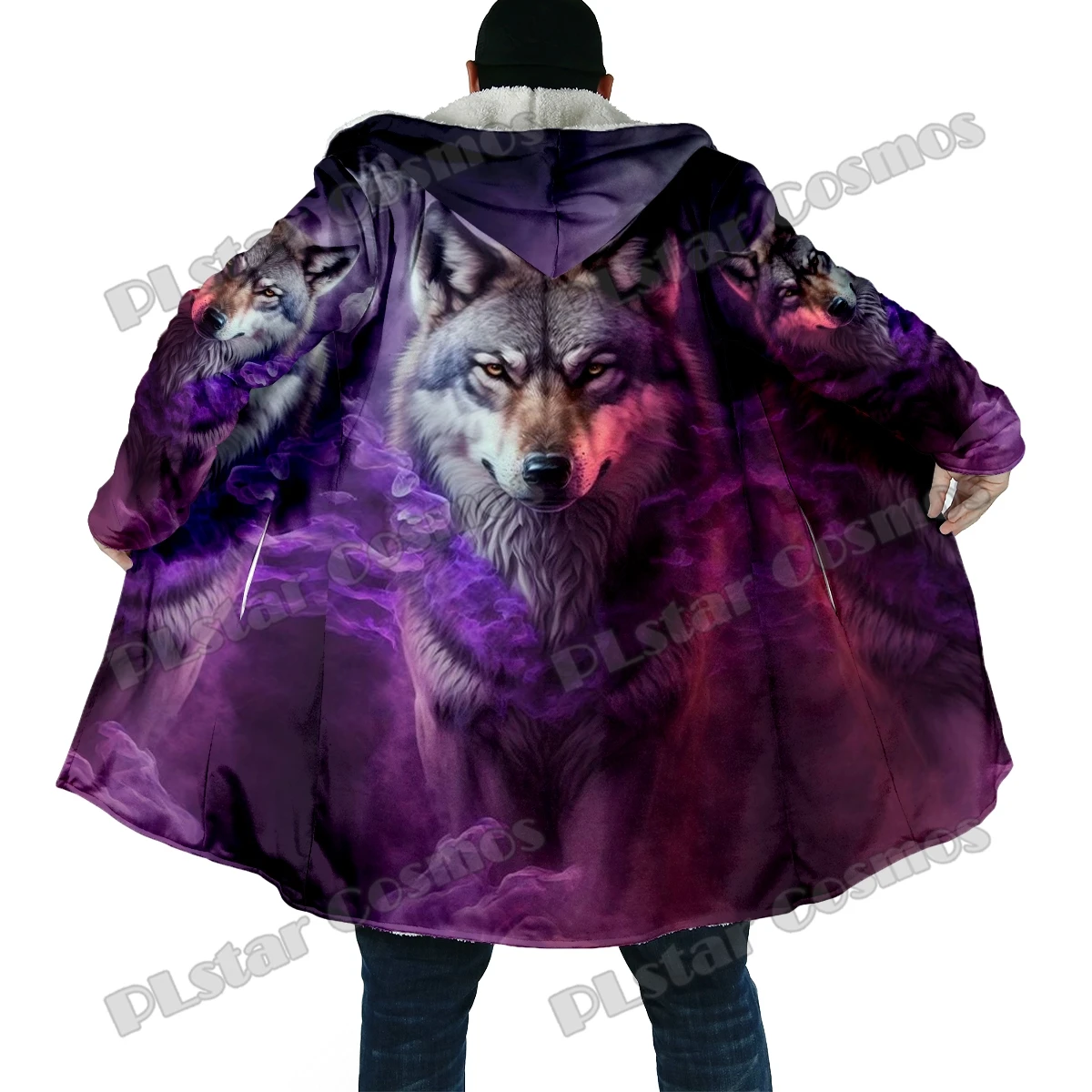 Winter Fashion Men's cloak Purple Wolf Pattern 3D All Over Printed Thick Fleece Hooded Cloak Unisex Casual Warm Cape Coat DP56