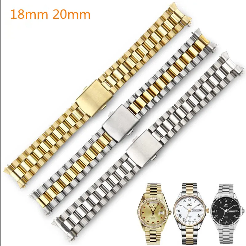 Elegant Silver & Gold Two-Tone Curved End Stainless Steel Watchband with Solid Links