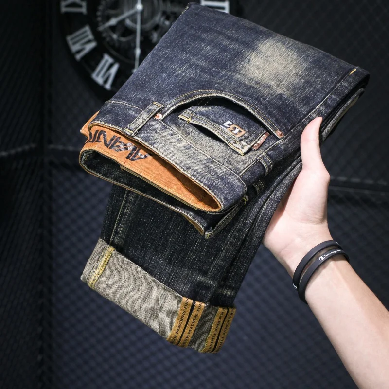 2024 new high-end light luxury MEN'S jeans fashion washed vintage straight slim elastic casual versatile comfortable denim pants