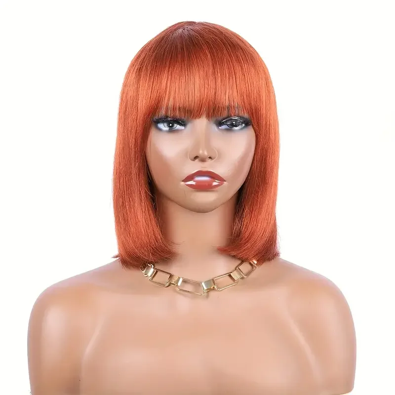 

Ginger Orange Short Bob Straight Human Hair Wigs With Bangs Glueless Human Hair Wig For Women 150% Density Full Machine Made Wig