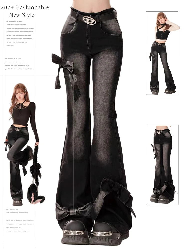 American Style Vintage Bow Denim Flare Pants Women Spring