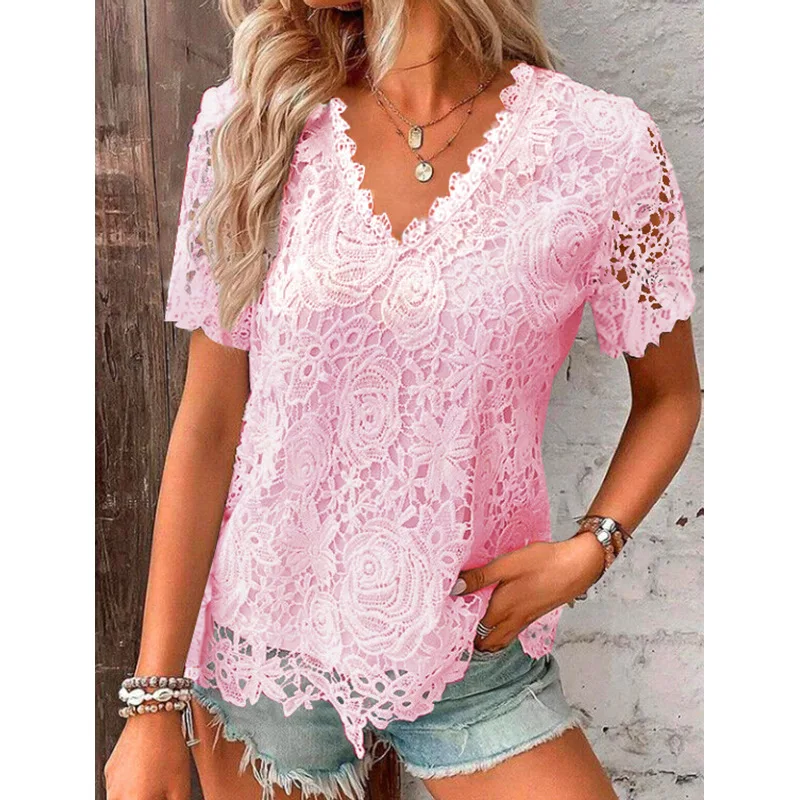 Summer New Blouse V-neck Elegant Lace Women's Casual Top Short Sleeved Flower Embroidered T-shirt 328
